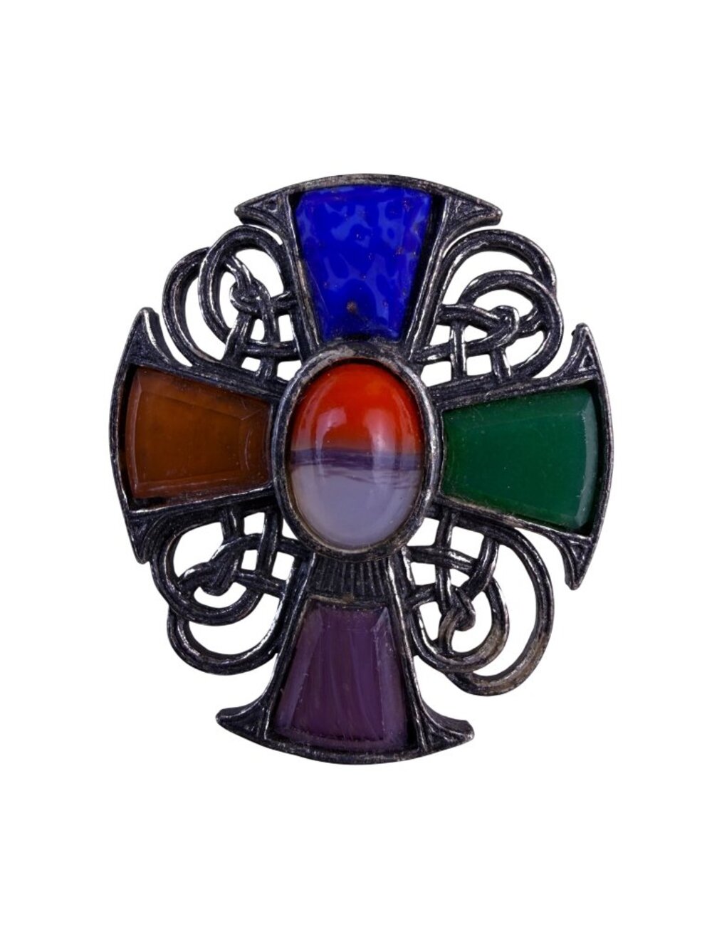Vintage Multi-Color Metal Scottish Celtic Cross Brooch With Inlaid Colored Stone